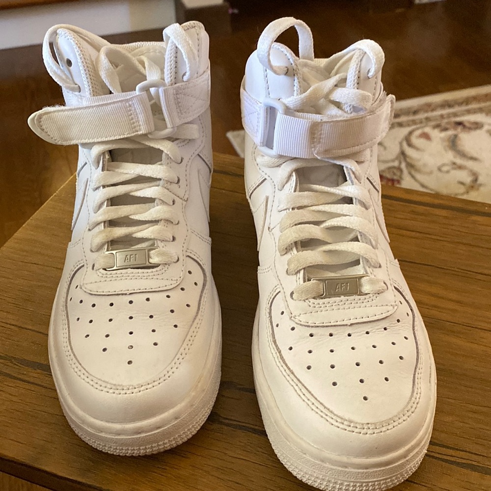 air force ones, nike, high top shoes with laces and velcro strap. 5 youth size